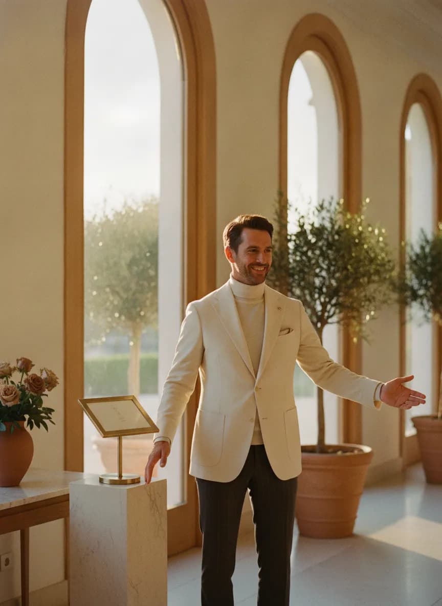 A host welcoming guests at an event entrance