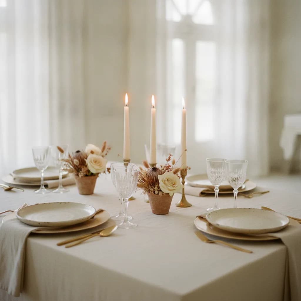Candlelit dinner table with cream linen
