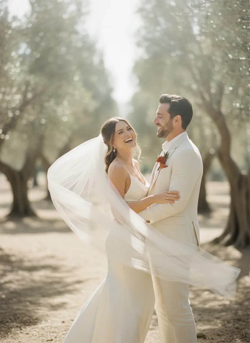 A couple laughing in a sunlit olive grove