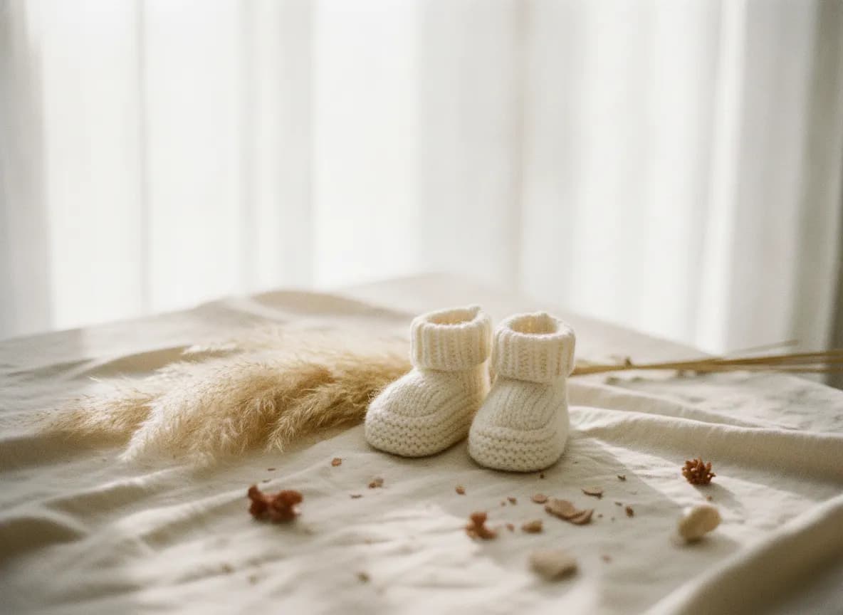 Knitted baby booties and pampas grass
