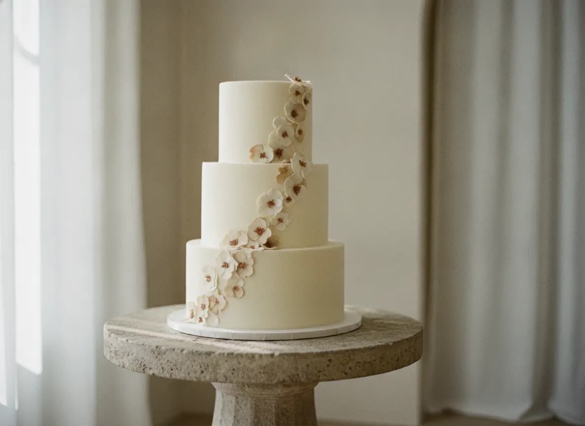 A three-tier ivory wedding cake
