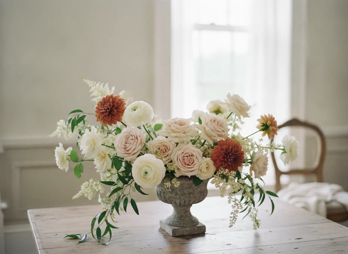 Garden roses and dahlias in a stone urn