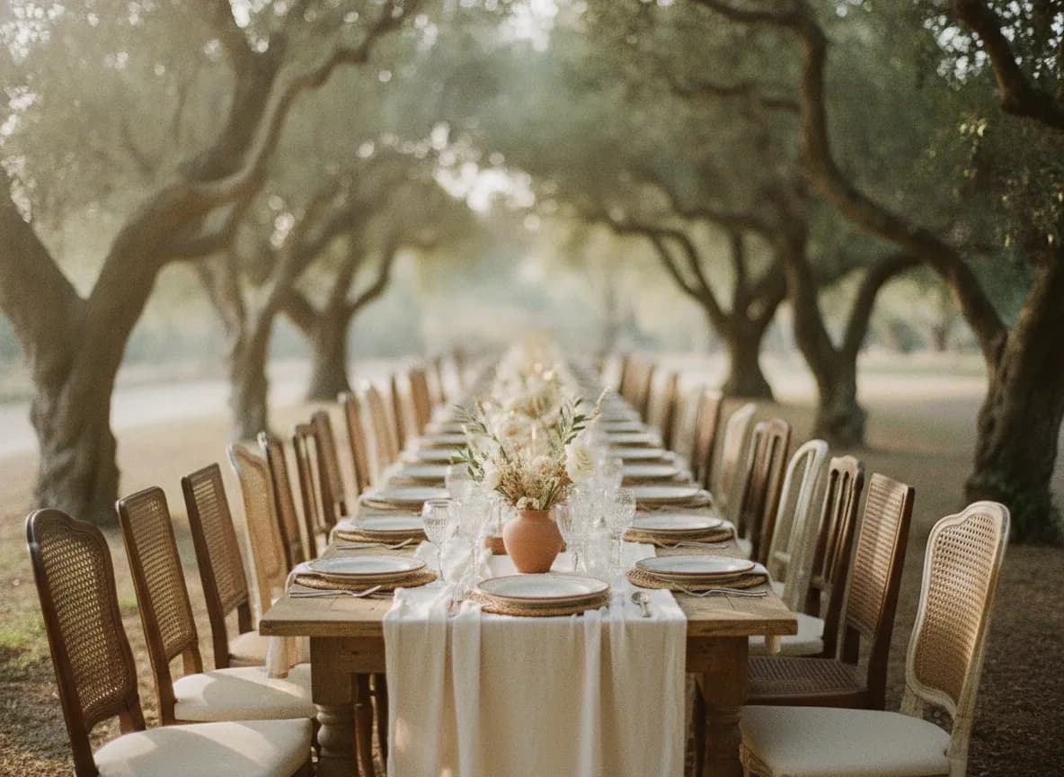 A long dinner table under trees