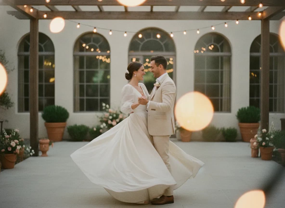 A couple's first dance under string lights