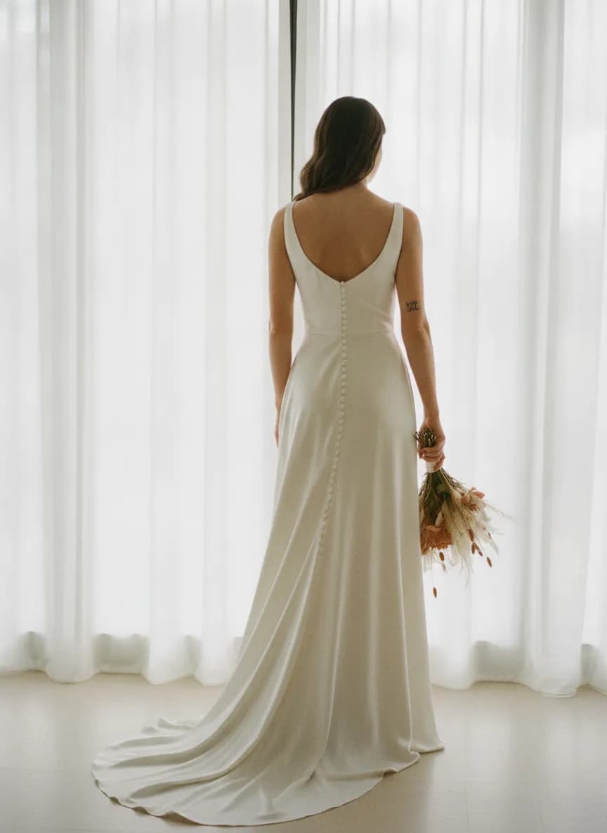 The back of a silk wedding dress in window light